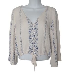 American Eagle Top Women M Gauzy Cropped button front‎ Long Sleeve Tie Boho Y2K